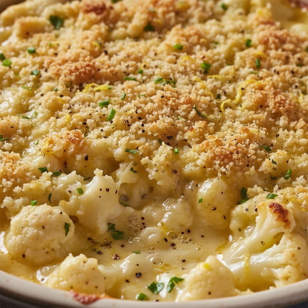 Classic Zesty Cauliflower Cheese Bake closeup shot