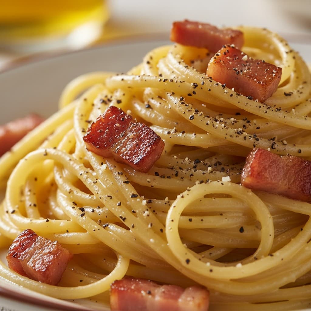 Jamie Oliver's Classic Carbonara closeup shot