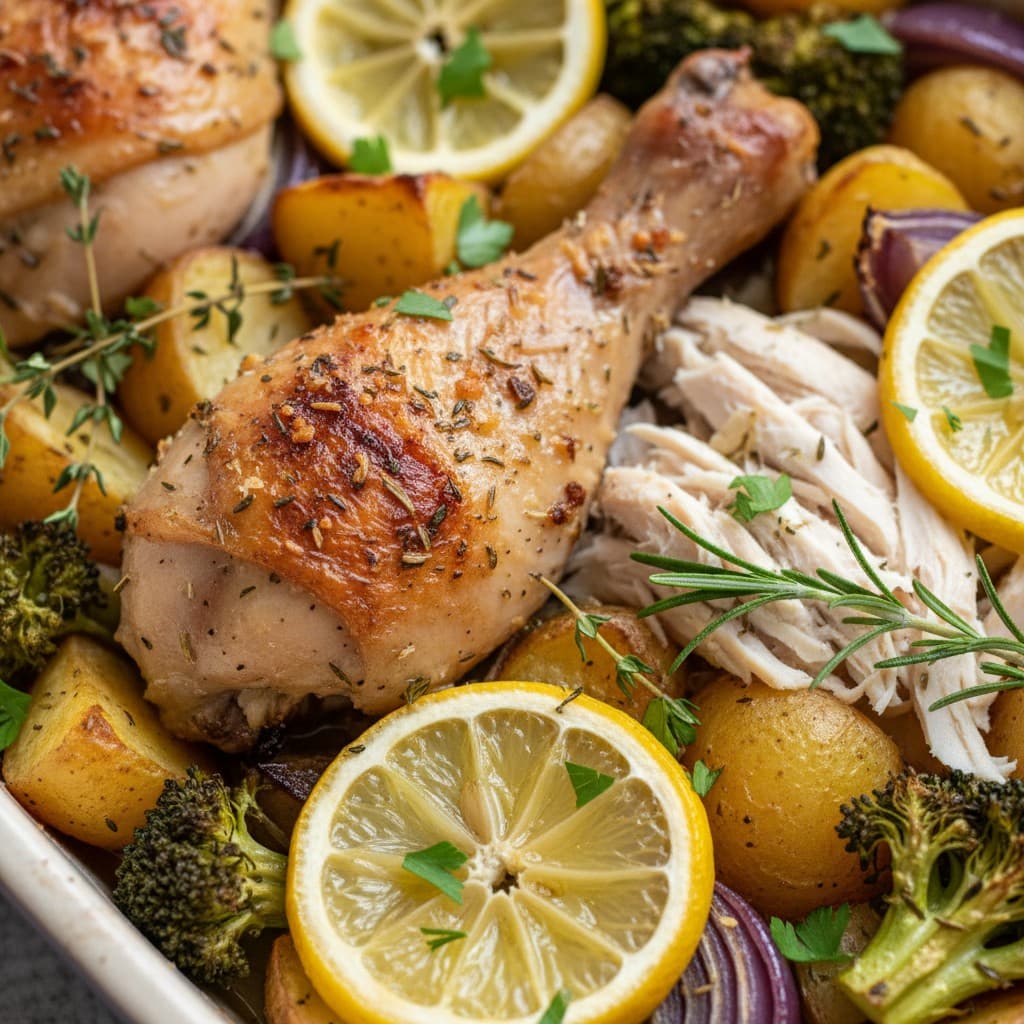 Lemon & Herb Leftover Chicken Traybake closeup shot